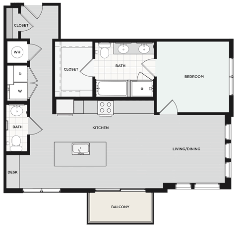 Floor plan for 1 bed, 1.5 baths, 901 sqft